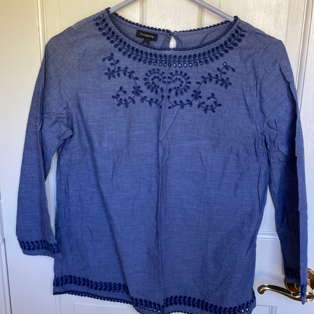 Talbots Blue Chambray Embroidered Blouse S